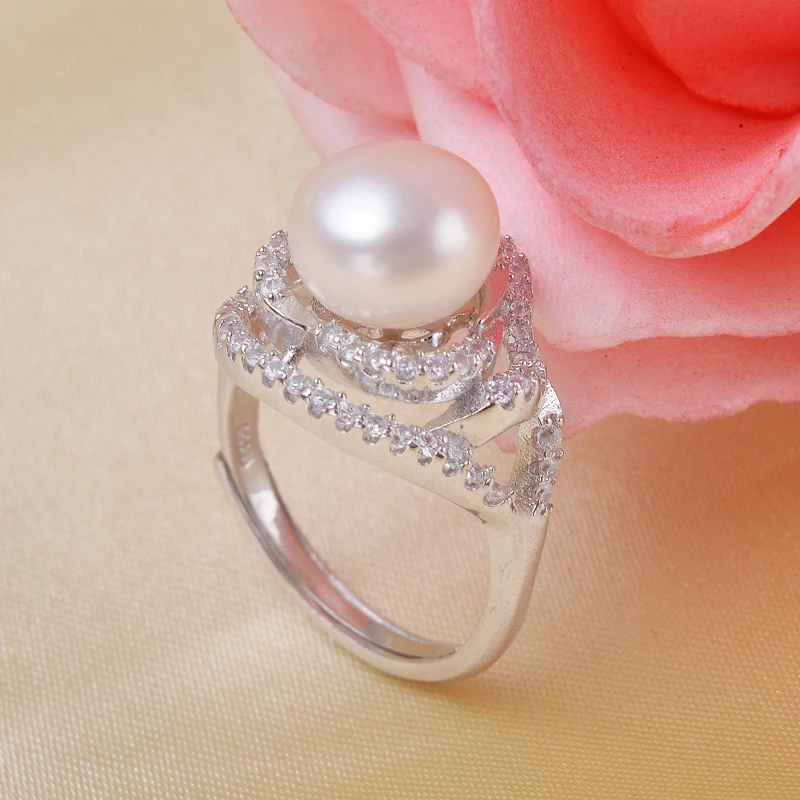 Real Pearl 925 Sterling Silver Ring Jewelry With Zircon Rhinestone Crystal Adjustable Size Rings