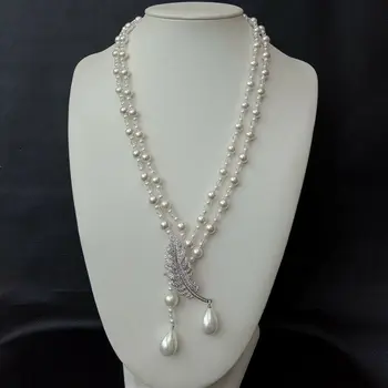

2strands 4-8mm white shell pearl 2x4mm glass crystal micro inlay zircon feather accessories sweater necklace long 52-55cm