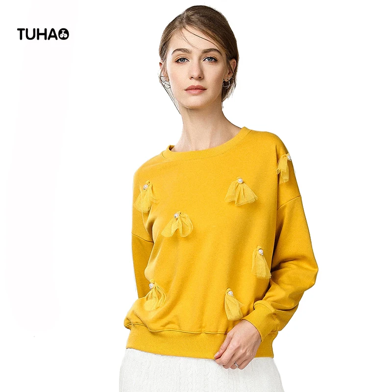 

TUHAO Autumn O neck Beading Bow Loose Women Streetwear Long Sleeve Casual Pullover Tops Sweatshirts Women Outerwear TS7863