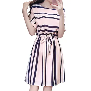 

2019 Newly Women Dress Summer Dress Striped Elastic Cord Casual Slim Fit Short Sleeve Female Outfits Beach dresses DO99