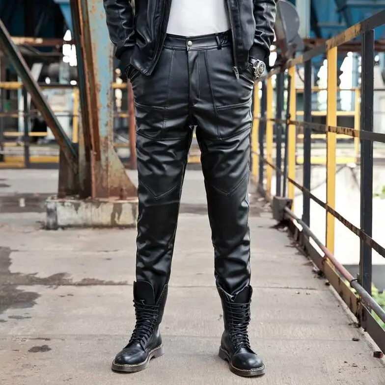 Зимние свободные личности модные мотоциклетные брюки из искусственной кожи мужские Облегающие штаны утепленная pu брюки для мужчин