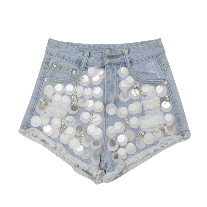 

Sherhure 2019 Boho Women Denim Shorts Pearl Sequins Beading Mini Women Shorts High Waist Tassles Hem Shorts Feminino Pantalones