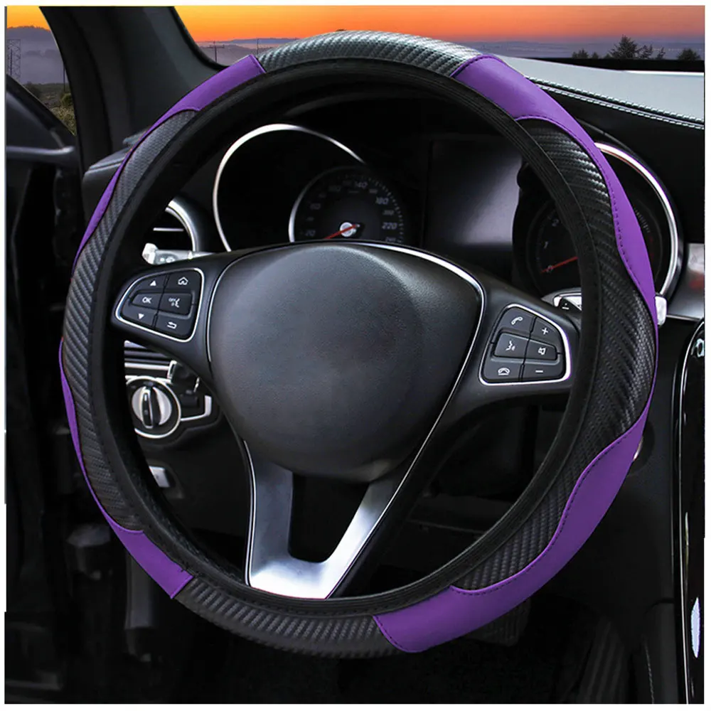 FORAUTO Car Steering Wheel Cover Breathable Anti Slip PU Leather Steering Covers Suitable 37-38cm Auto Decoration Carbon Fiber - Название цвета: Фиолетовый