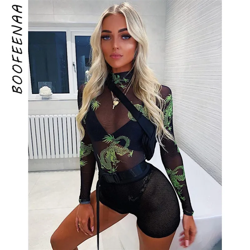 

BOOFEENAA Dragon Print Black Sheer Mesh Bodysuit Long Sleeve T Shirt Tops Sexy Body Suits for Women Streetwear Fall 2019 C83-H41