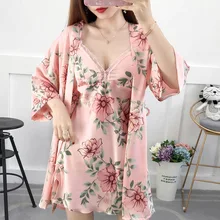 Летнее атласное женское платье с v-образным вырезом и цветочным рисунком, комплект из 2 предметов, Женское ночное платье с длинным рукавом, весна, кимоно, домашняя одежда для женщин