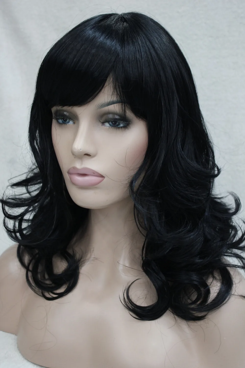 2016 New charming Jet black medium length curly women's bangs wig free
