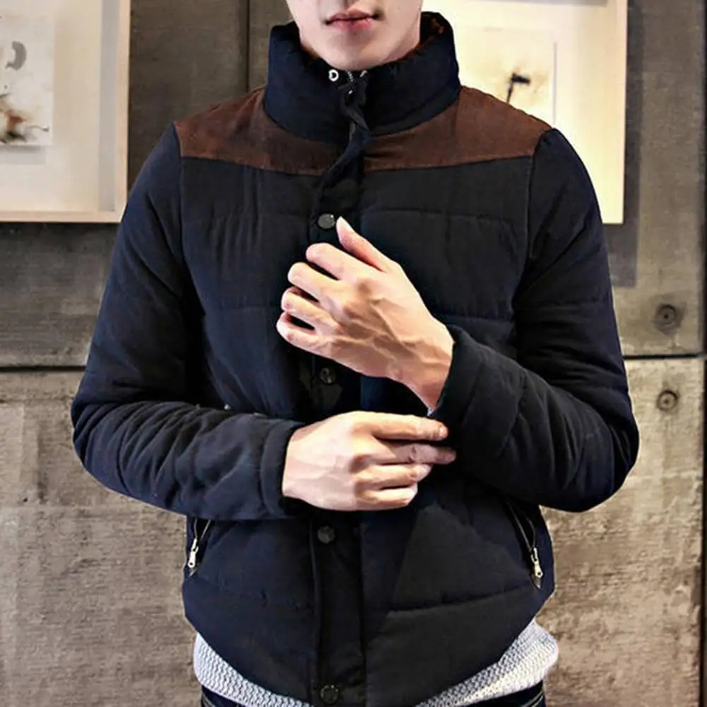 Men Winter Plus Size Color Block Stand Collar Thick Parkas Coat Casual Jacket | Мужская одежда