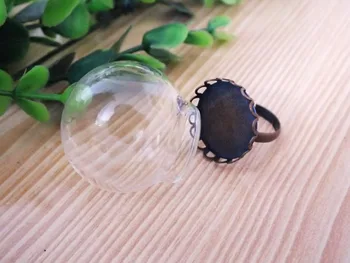 

10 sets 30x20mm Small clear round glass globe orbs 20mm mouth opening ring tray with antique bronze ring base