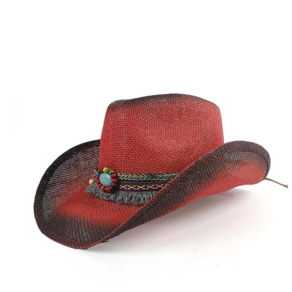

2019 Women Men Straw Hollow Western Cowboy Hat Lady Red Bohemia Tassel Sombrero Fedora Beach Cowgirl Jazz Sun Hat Size 58CM
