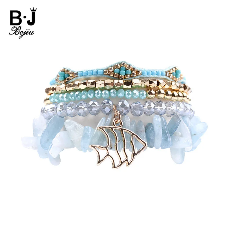 

BOJIU 5 Pcs/Set Multilayer Beaded Charm Bracelets For Women Crystal Natural Stone Bracelet Sets New Gold Fish Bracelet BCSET103