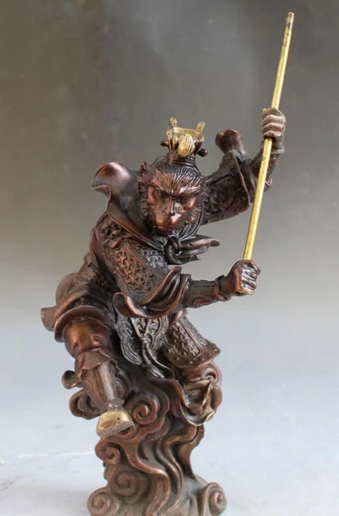 

10" Chinese Bronze Gilt Stand Sun Wukong Monkey King Buddha golden cudgel Statue S0708 (B0328)