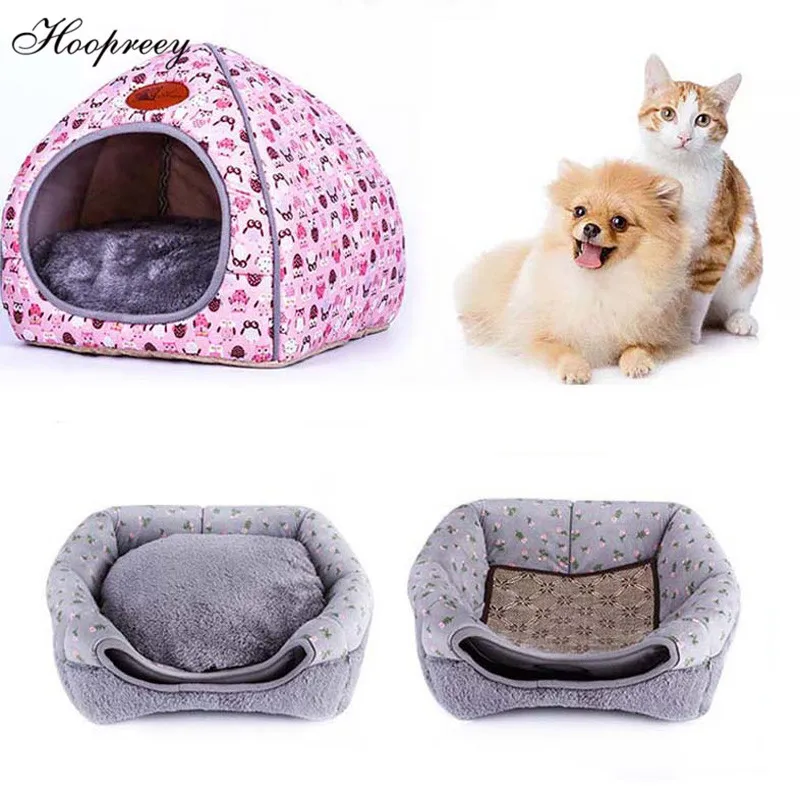

Multi functional Warm Cat Bed Yurt Cave Design Cat House with Cute Animals Print Sleeping Mat for Small Puppy Dogs and Kittens