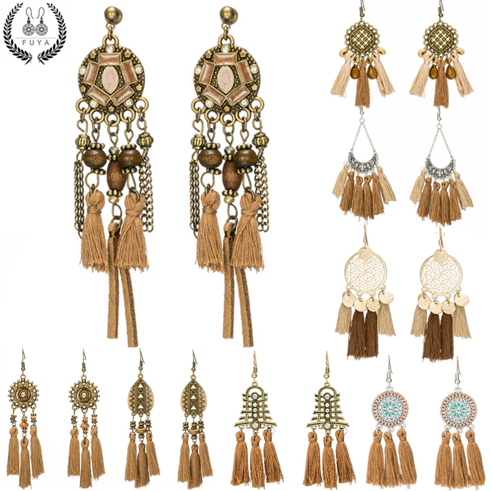 

Long tassel earrings Bohemian bead rhinestone shell flower sequins dream catcher earring Ethnic boho dangle drop earings jewelry