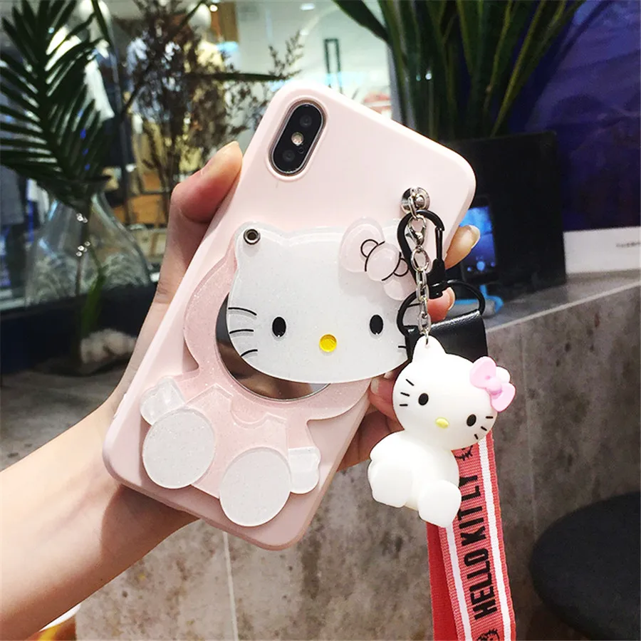 

3D Cartoon Mirror Hello Kitty Case For Huawei P20 Lite P9 P10 Lite Cases Cute Toy Stander Strap Cover For Huawei P10 P20 Pro P30