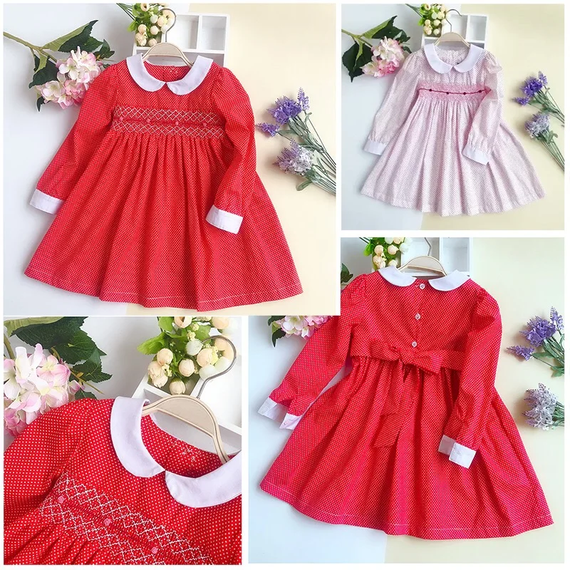 

2-8Y Autumn Winter Baby Girl Long Sleeves Christmas Vintage Smoked Dress England Preppy Cotton Princess Party Dress Red Pink