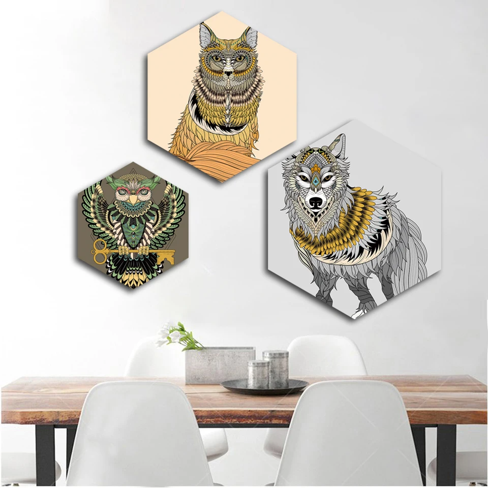 

Nordic Indian Feather Style Vintage Owl Wolf Poster Canvas Prints Fox Pictures Living Room Wall Art Hexagon Painting Home Decor