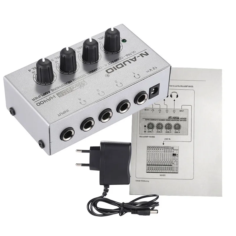 

ihens5 H400 Portable Ultra-compact 4 Channels Mini Audio melhorar som Stereo Headphone Amplifier with Power Adapter