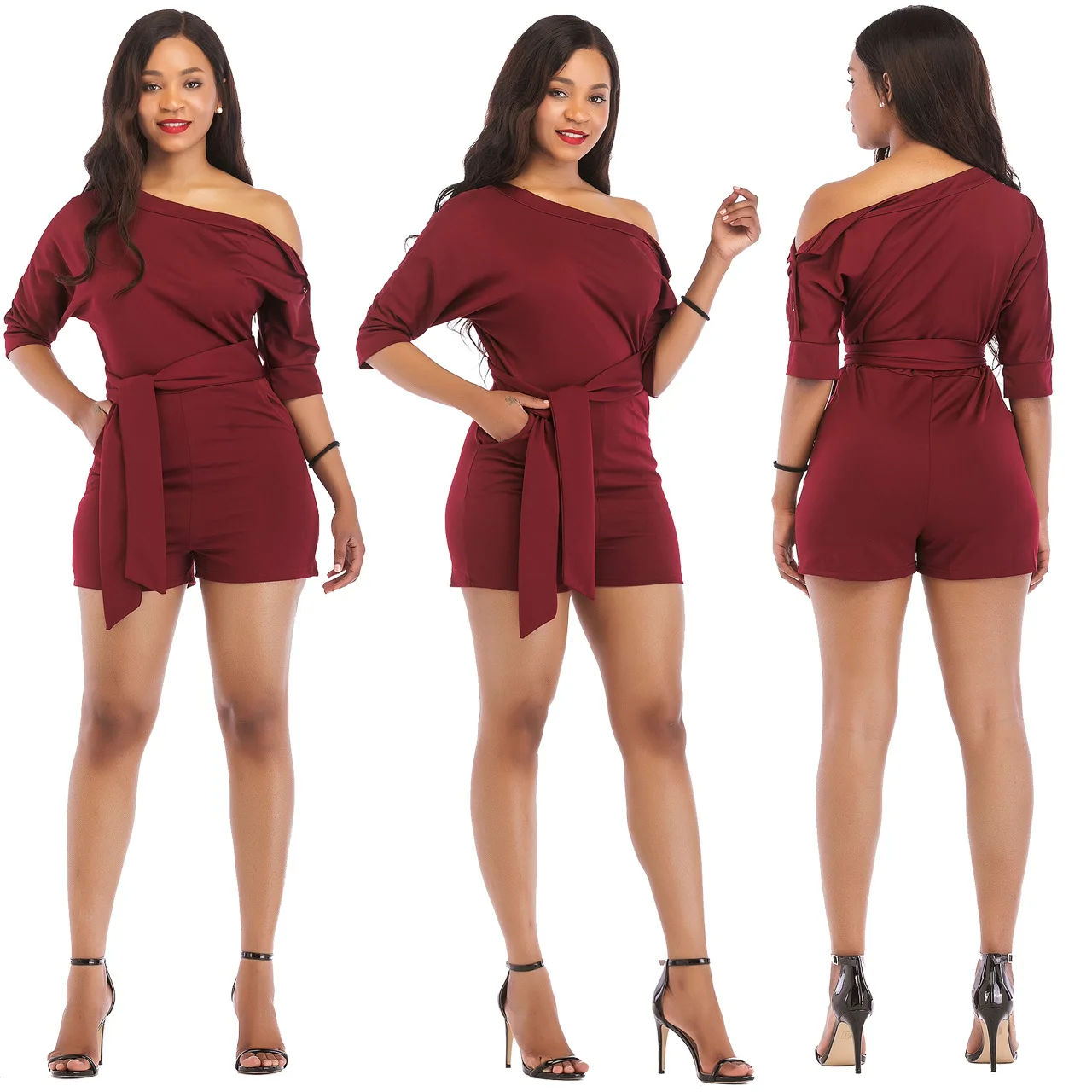 2019 Women's Casual Jumpsuit Classic Solid Color Diagonal Collar Button Belt Design Fashion Style sexy 2019 Women's Casual Jumpsuit Classic Solid Color Diagonal Collar Button Belt Design Fashion Style sexy