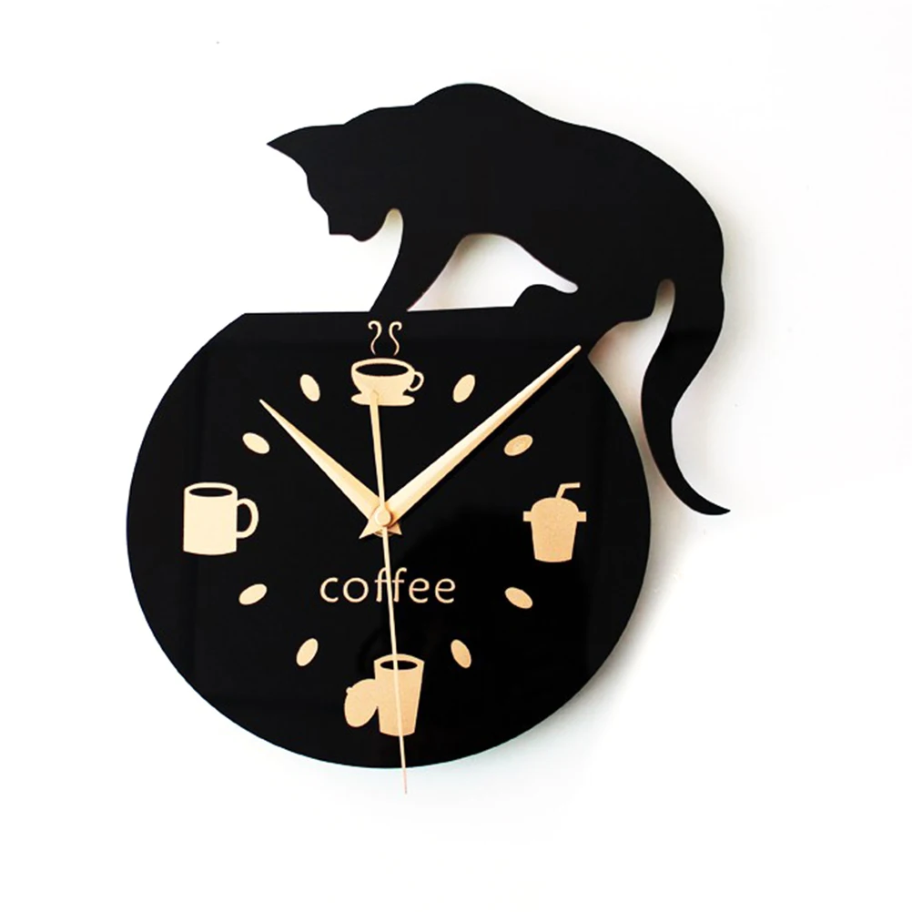 Silent Cartoon Wall Clock Cute Climbing Cat for Drinking Coffee Clock