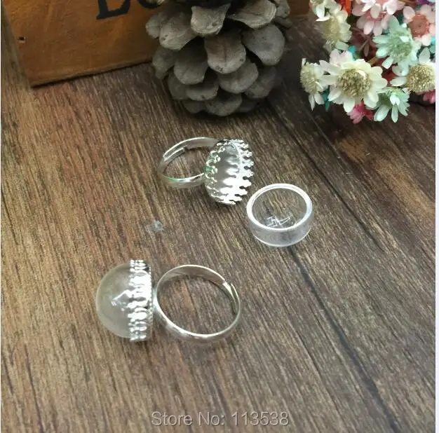 

5sets/lot 15mm half ball glass globe dome with silver color small crown ring set diy glass bottle ring handmade jewelry supplies