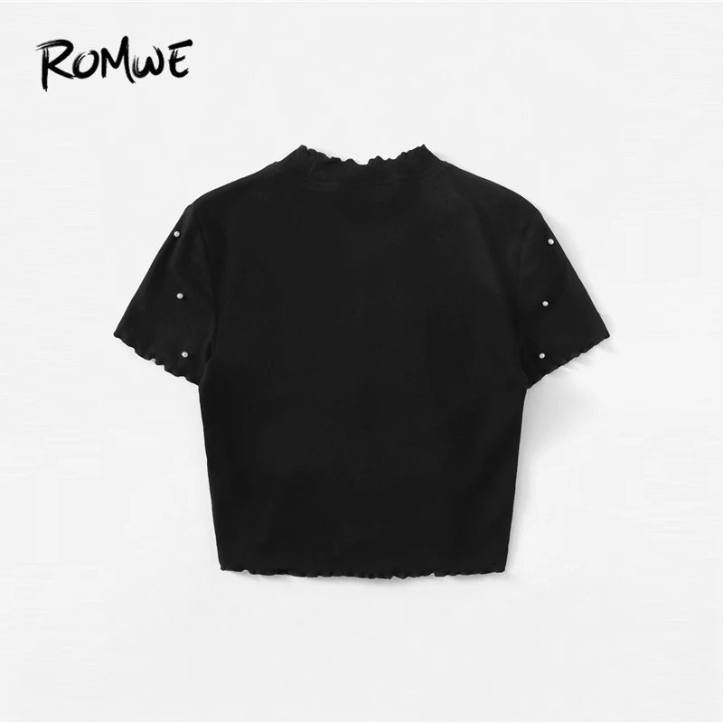 ROMWE Черный насыщенный салат отделкой жемчугом Бисер Crop Tee Для женщин Лето Элегантный Воротник-стойка футболки женские, облегающие Топы