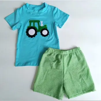 

Puresun New Summer Boy Spring Summer Clothing Boutique Children With Embroidery Green Gingham Shorts Outfit