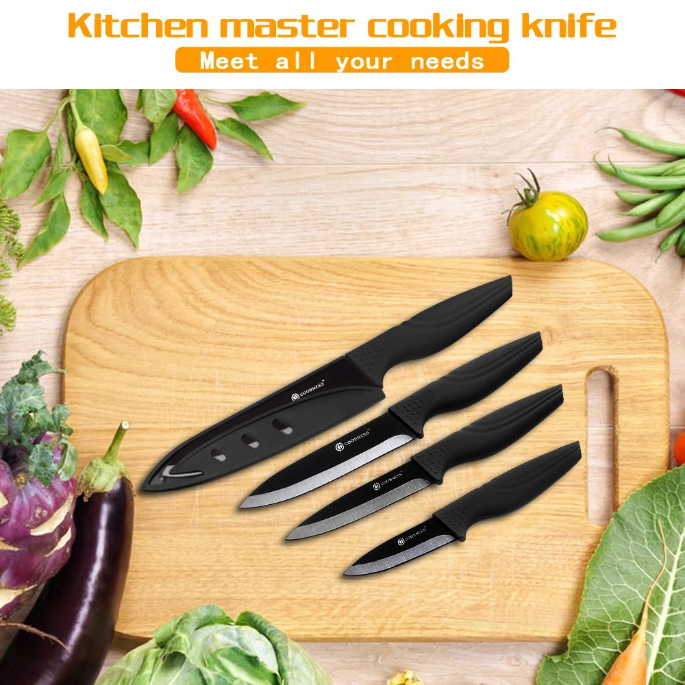COOBNESS Керамический нож, комплект из 2 предметов, черное лезвие, черная ручка, кухонный нож, четыре стиля, нож для нарезки фруктов, нож для шеф-повара