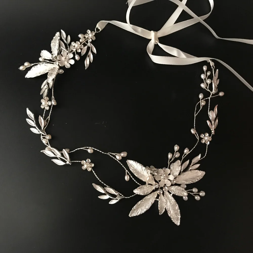 

Antique Silver Leaves And Flower Bridal Hair Vine Crown Handmade Pearls Beaded Headband Wedding Headpiece 2018 Hair Accessories
