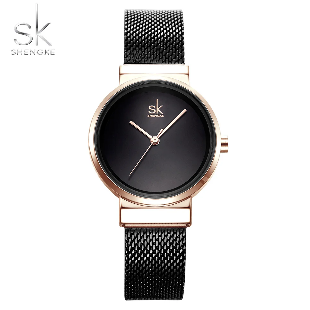 Shengke, модные часы для женщин, женские кварцевые креативные наручные часы, женские часы, розовое золото, для девушек, знаменитые - Цвет: BLACK