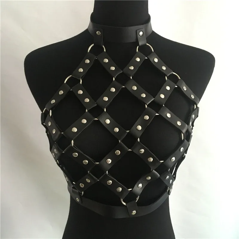 

Women Body Harness PU Leather Black Dress Punk Adjustable Garter Belt Hollow Out Weaved Belt Backless Dress 2 Piece Set DA056