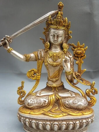 

JP S0524 8" Tibet Tibetan Silver Gilt Dragon Robe Manjushri Goddess Bodhisattva Statue