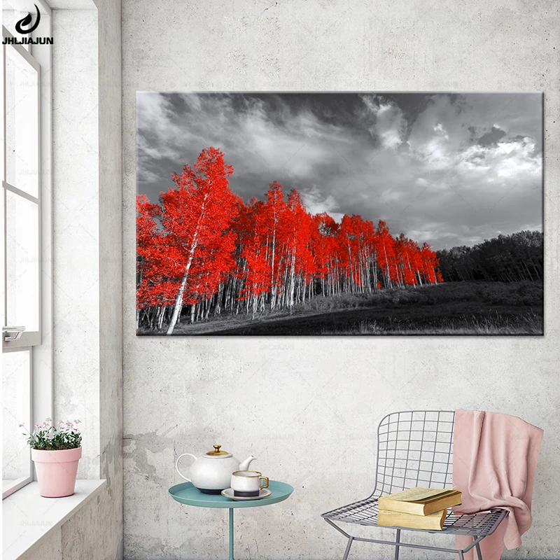 Modern Wall Art Poster Decoration In Surreal Black And White Landscape Red Trees Forest Canvas Painting Decoration Pictures