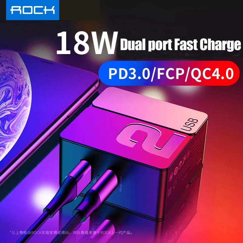 

US Plug PD Fast Charging USB Charger Rock 18W U+C PD 3.0 FCP QC4.0 & QC3.0 Travel Adapter Quick Charge For iPhone X XS XR Huawei