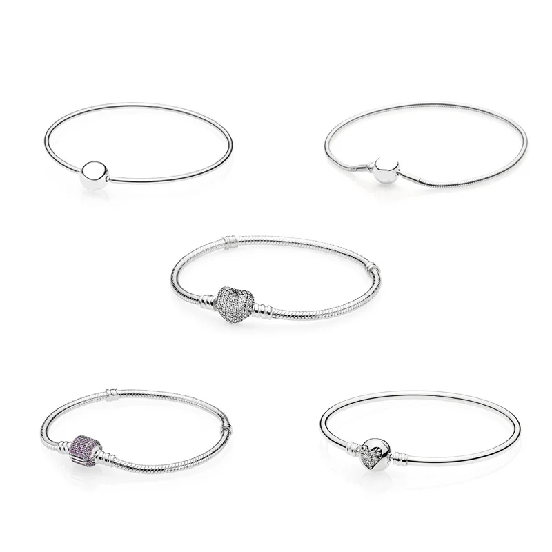 5 Стиль 925 пробы Серебряные Подвески Основные Браслеты для Для женщин с цельными круглыми кристаллами в форме сердца цепочка, круглые бусины для Diy бусины в форме двойного конуса, красивые