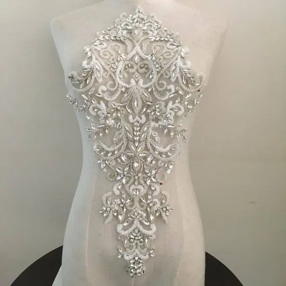 rhinestone bridal neckline applique for bridal dress, rhinestone bead