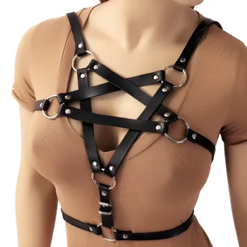 

Leather harness Pentagram Lingerie Black Goth Dance Party Club Party festival of Women Tops Holiday Apparel Sexy Underwear