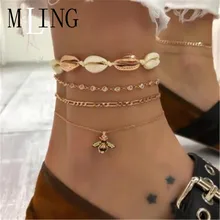 MLING Bohemian Bee Shell Crystal Multilayer Anklet Bracelet For Women Vintage Gold Summer Beach Ankle Bracelet chic multilayer small bells anklet for women