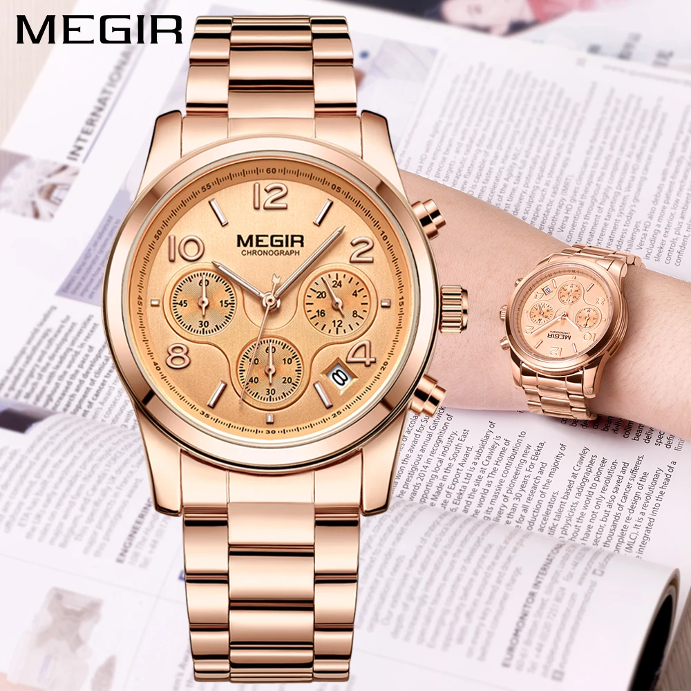 

2018 MEGIR Luxury Brand Ladies Watch Women Rose Gold Steel Chronograph Quartz Sport Wrist watches Clock Women relogios femininos