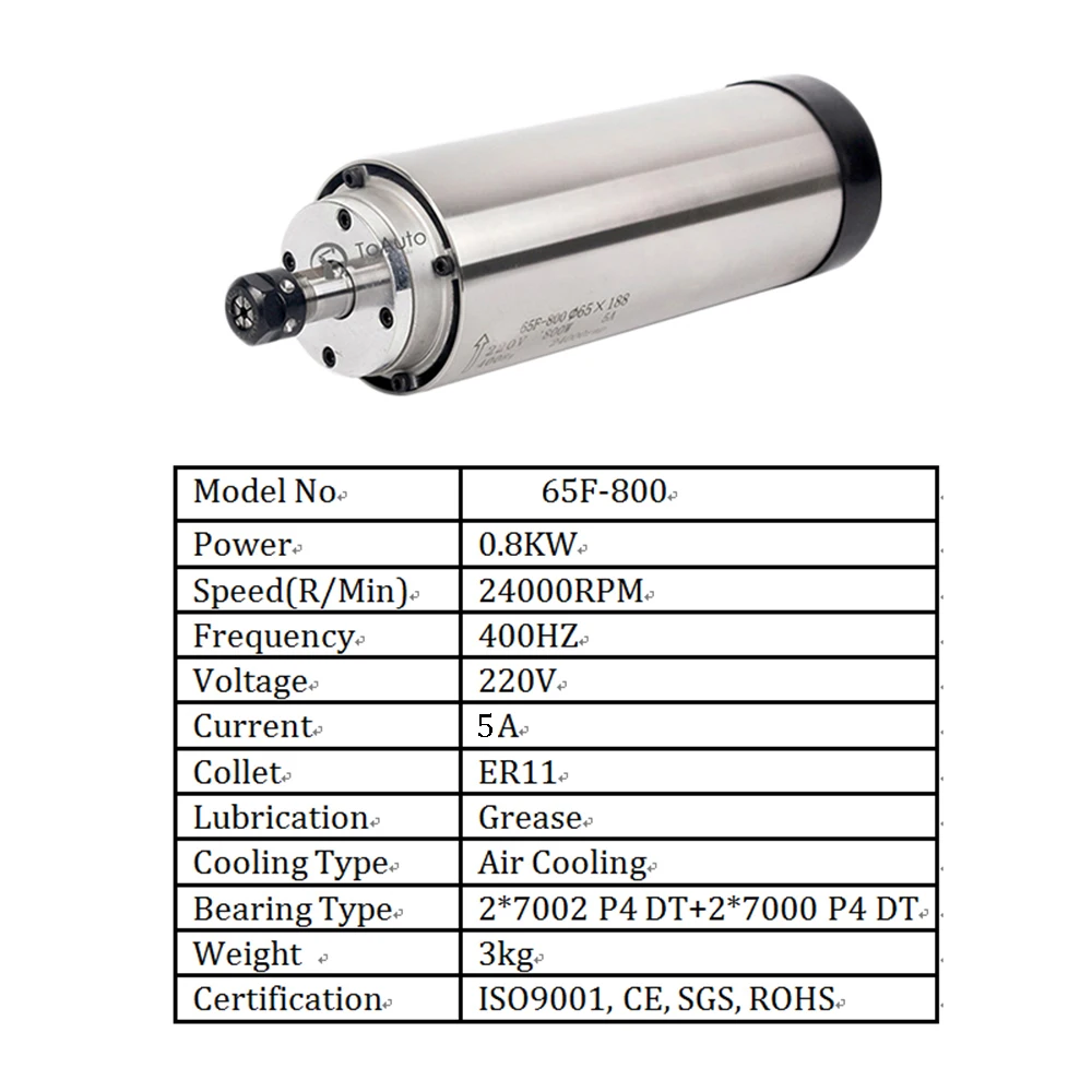 CNC Комплект шпинделя 0.8KW 220V 5A 65*188mm 0.33NM 400HZ высокоскоростной мотор шпинделя+ 1.5KW VFD+ ER11 собирает для деревообработки гравировки