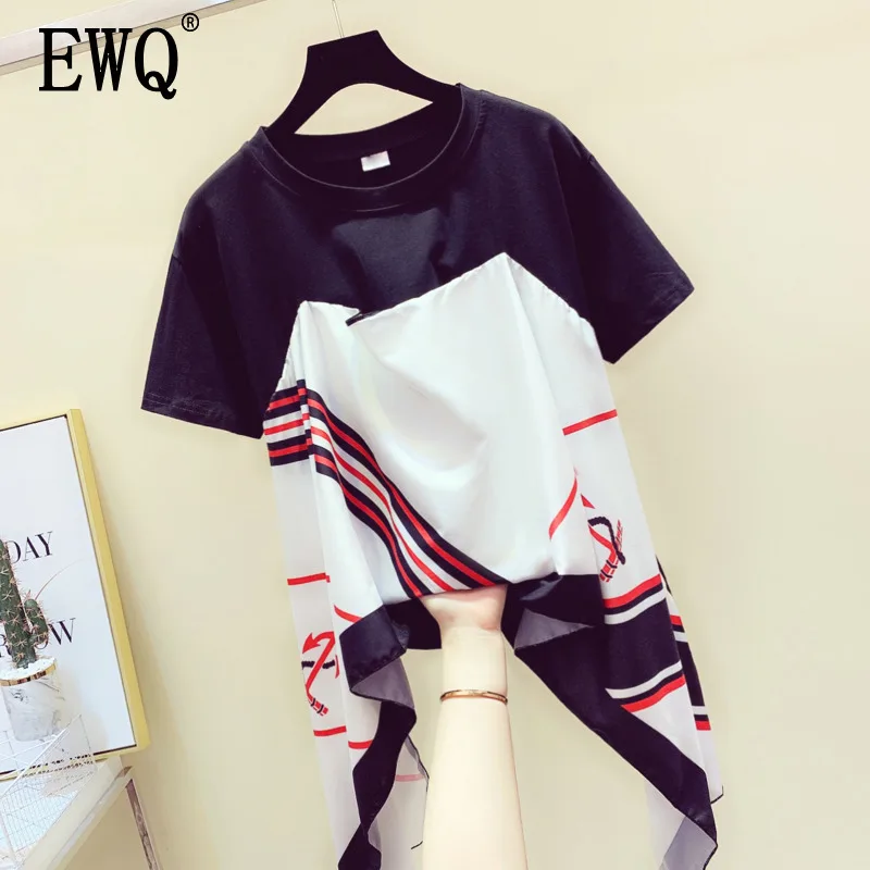 

[EWQ] 2019 Summer New Pattern Round Collar Short Sleeve Hit Color Print Asymmetrical Pullvers T-shirt Women Fashion Tide AG738