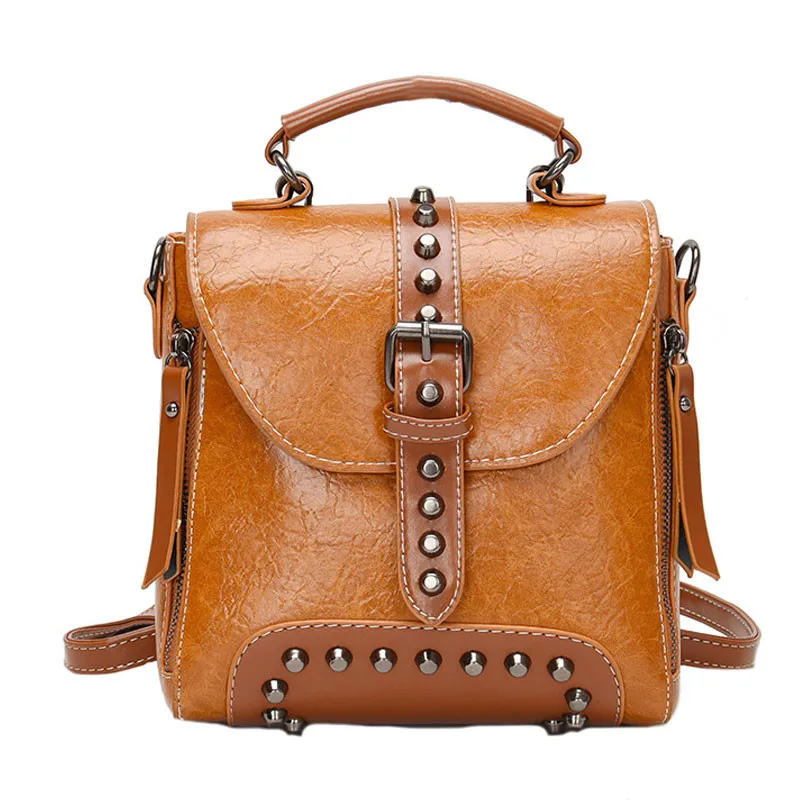 

Vintage Rivets Women Backpack High Quality Scrub Leather Girls School Bag Casual Travel Shoulder Bag Female Mochila Feminina