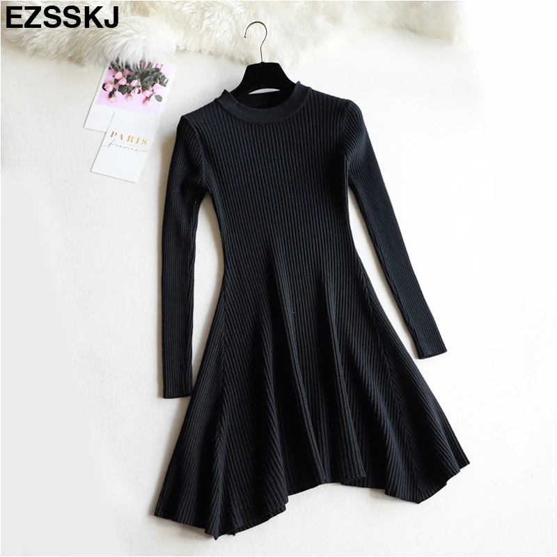 Шикарное осенне-зимнее черное платье-свитер для женщин с круглым вырезом и длинным рукавом, плотное вязаное мини-платье трапециевидной