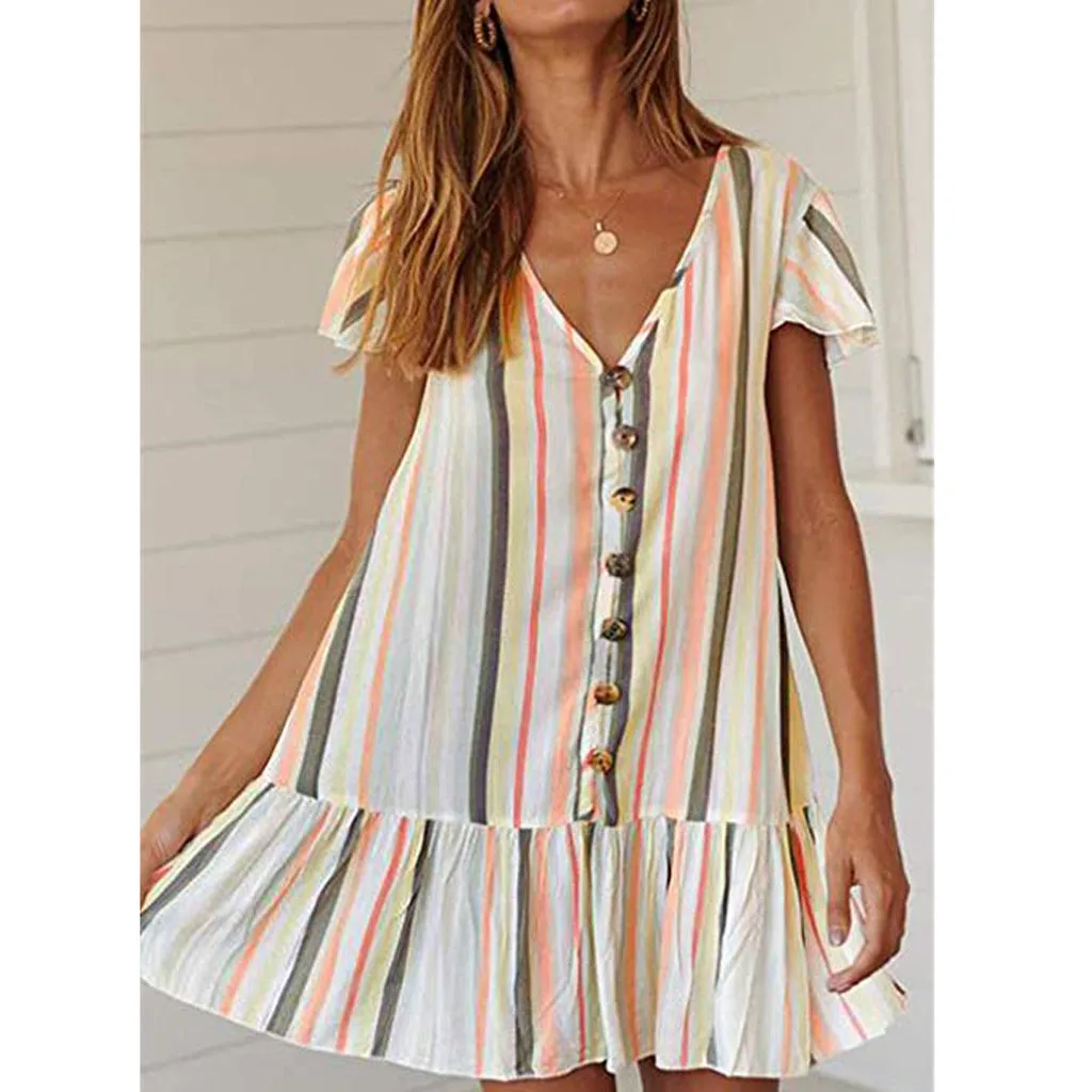 

Womail Dress Women’s Summer Short Sleeves V-Neck Button Colorful Striped Fit Ruffle Mini Dress Women Dress Summer Beach May 31