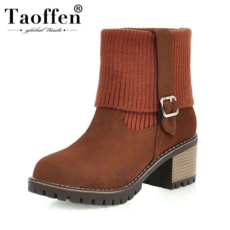 

Taoffen 4 Colors Winter Warm Fashion Ankle Boots Woman Daily Outdoor Round Toe Buckle Square Heels Short Boots Female Size 34-43