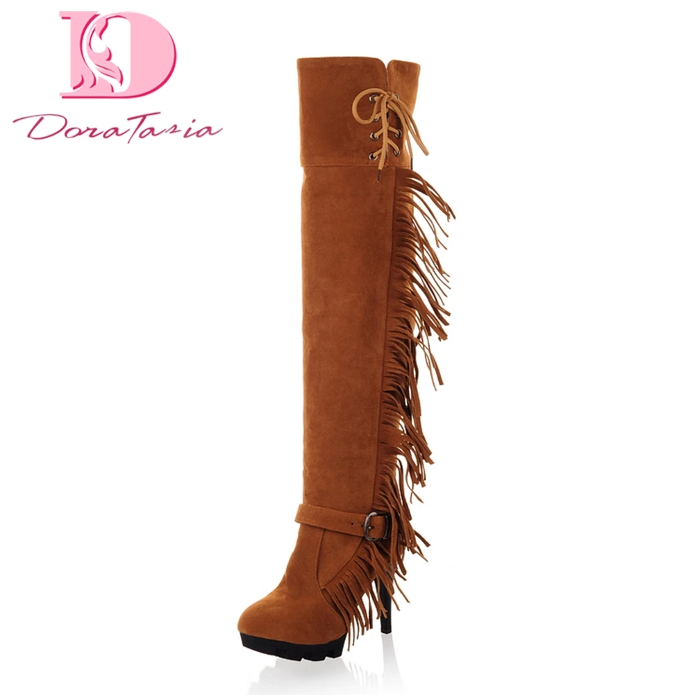 

Doratasia brand Fashion Thin high Heels fringes boots women's Shoes Woman Boots Female platform over the knee high Boots Woman