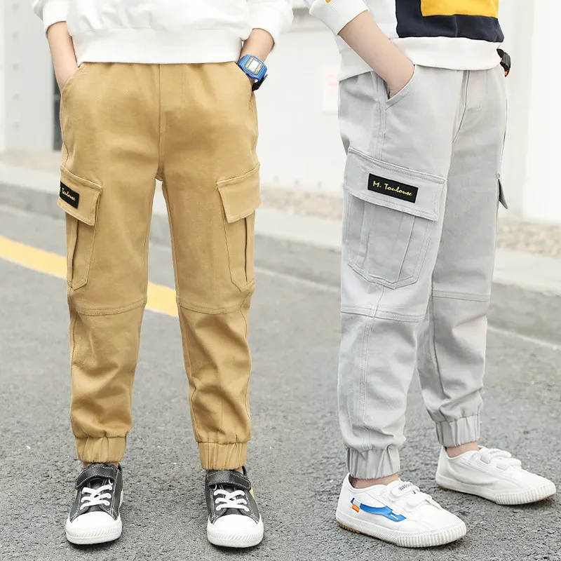 

Loose Stylish Summer Boys Canvas Cotton Cargo Pants Vintage Khaki Gray Cargo Pants For Children Trousers Teenage Boys Clothes