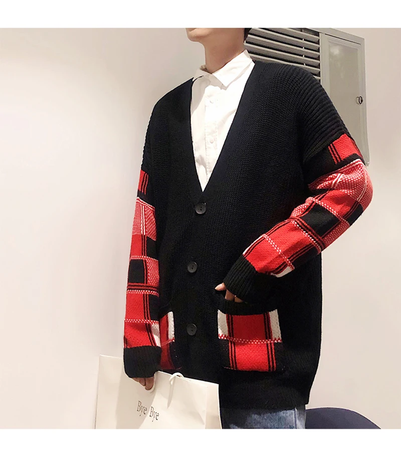 Korean Oversized Sweater Cardigan Men Plaid  (14)