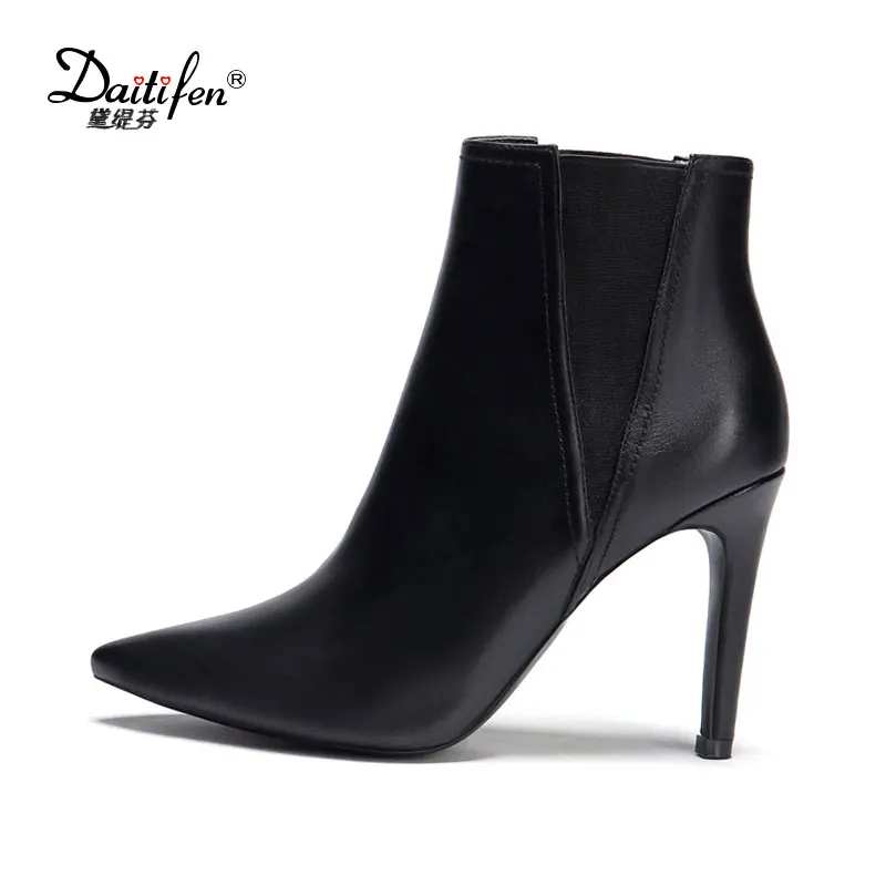 

Daitifen Fashion Genuine Leather Chelsea Boots Sexy Solid Pointed Toe Ankle Boots Black Thin High Heel Boots winter Ladies Shoes