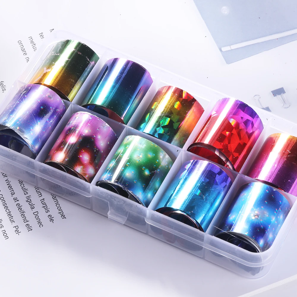 10 Rolls Starry Sky Laser Nail Foil Set Blue Transparent Marble Lace Holographic Art Transfer Sticker Decoration DIY Decals | Красота и