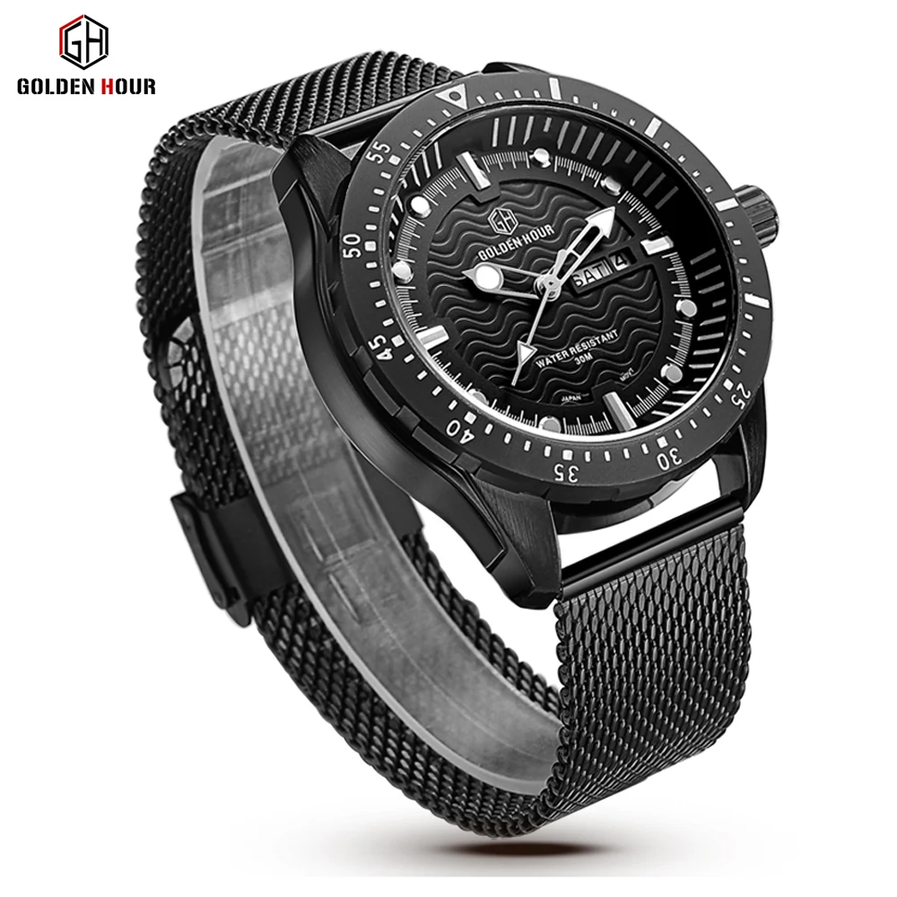 Reloj Hombre GOLDENHOUR Мужские Бизнес часы сетчатый Браслет мужские часы водонепроницаемые Дата дисплей мужские наручные часы 2019Relogio Masculino
